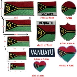 May include: A collection of embroidered patches featuring the Vanuatu flag in various shapes and sizes, including rectangles, circles, shields, and hearts. Some patches include the text VANUATU, with dimensions ranging from 3cm to 18cm.