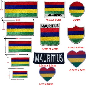 May include: A collection of embroidered patches featuring the flag of Mauritius in various shapes and sizes, including rectangles, circles, shields, and hearts. Some patches include the text MAURITIUS, with dimensions ranging from 3 cm to 18 cm.