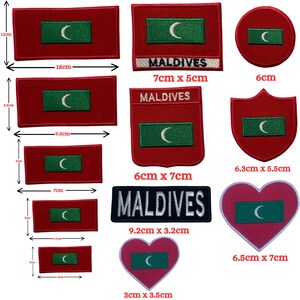 May include: A collection of embroidered patches featuring the Maldives flag with a red background and green rectangle containing a white crescent. Shapes include rectangles, circles, shields, and hearts, with some patches labeled MALDIVES.