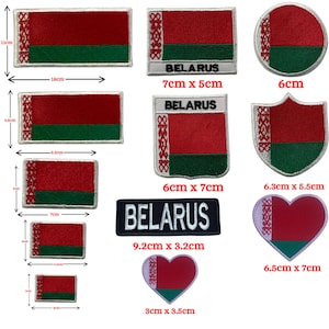 May include: Assortment of embroidered iron-on patches featuring the flag of Belarus in various shapes and sizes, including a rectangle, a shield, a heart, and a circle. The patches are white with red and green embroidery. The text "BELARUS" is included on some of the patches.