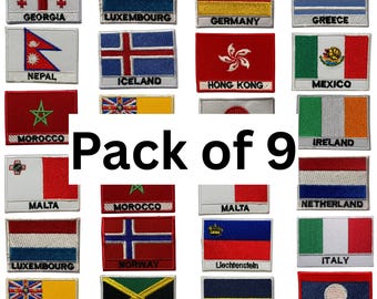 Pack of 9 National Flag Patches Iron/Sew On Embroidered Badges for Clothing G-N