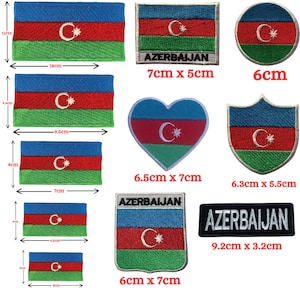 May include: A set of ten embroidered iron-on patches featuring the flag of Azerbaijan. The patches are in various shapes and sizes, including rectangular, heart, shield, and circular. The patches are all blue, red, and green with a white crescent moon and star in the center.