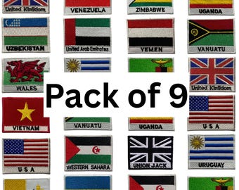 Pack of 9 National Flag Patches Iron/Sew On Embroidered Badges for Clothing U-Z
