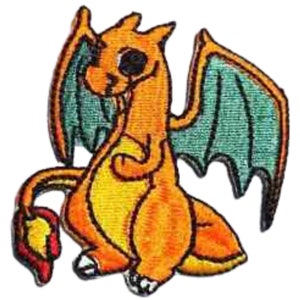 May include: Orange and green embroidered patch of a cartoon dragon with wings and a tail with a flame tip.
