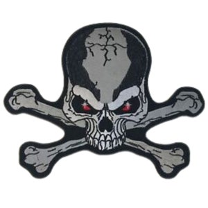 May include: A black and white skull and crossbones patch with red eyes. The skull has a cracked surface and a detailed design.
