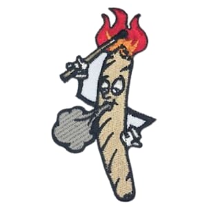 May include: An embroidered patch depicting a cartoon joint with a flame at the end and smoke emanating from the side. The joint has a face and is holding a white flag.
