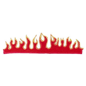 May include: Red and yellow embroidered flame patch. The flames are outlined in yellow and the base is red.