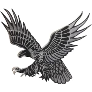 May include: A black and silver embroidered iron-on patch of a soaring eagle with its wings spread wide. The eagle is in flight with its talons extended.