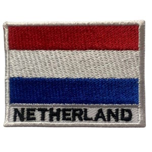 May include: An embroidered patch featuring the Dutch flag, with red, white and blue stripes. The word "NETHERLAND" is embroidered below the flag.
