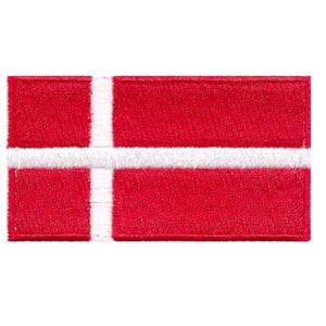 May include: A red and white embroidered patch featuring the flag of Denmark. The flag has a white cross on a red background.