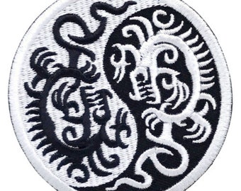 Yin Yang Dragon Iron On Embroidered Patch Black & White Flying Dragon Chinese Dragon