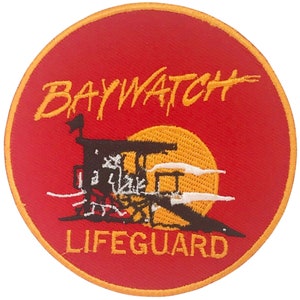 May include: Red and yellow embroidered patch with the words "Baywatch Lifeguard" and a silhouette of a lifeguard stand with a setting sun.