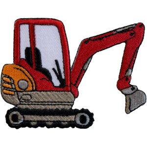 May include: Red and orange toy excavator with a grey track and black wheels.