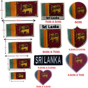 May include: A selection of Sri Lanka flag patches in different shapes and sizes. The patches display the Sri Lankan flag design with a lion holding a sword. Sizes vary from 3cm x 3.5cm to 18cm x 11cm.