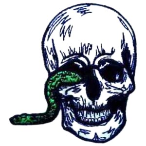 Op de afbeelding: Een zwart-wit illustratie van een menselijke schedel met een groene slang die door de oogkassen kronkelt. De schedel heeft gedetailleerde schaduwen en een grijnzende mond, wat een gotische of edgy uitstraling creëert.