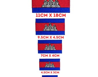 Könnte beinhalten: Rechteckige Aufnäher mit dem Design der kambodschanischen Flagge. Die Aufnäher sind rot mit blauem Rand und einem weißen Tempel-Emblem. Die Größen reichen von 3 cm x 2 cm bis 11 cm x 18 cm. Text auf dem Bild zeigt die Abmessungen.
