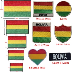 May include: A collection of embroidered patches featuring the red, yellow, and green horizontal tricolor flag of Bolivia in various shapes including rectangles, circles, shields, and hearts, with some patches displaying the text Bolivia.