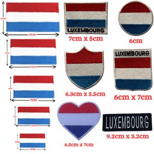 May include: A set of embroidered iron-on patches featuring the flag of Luxembourg in various shapes and sizes, including a rectangle, shield, circle, heart, and a rectangular patch with the word "LUXEMBOURG" in white text on a black background. The patches range in size from 3 cm to 9.2 cm.