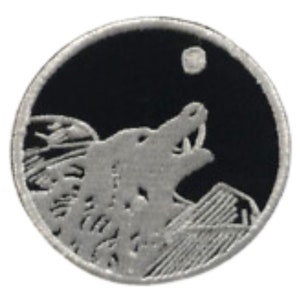 May include: A black and white embroidered patch of a wolf howling at the moon. The wolf is facing the right side of the image and the moon is in the upper right corner of the image.