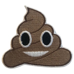 May include: Brown embroidered patch of a smiling poop emoji with white outlines and black eyes.