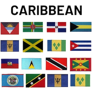 May include: A collection of 16 embroidered patches featuring the flags of Caribbean countries. The patches are arranged in four rows of four, with the word "CARIBBEAN" printed above them.