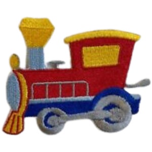 May include: An embroidered iron-on patch of a toy train. The train is red, blue and yellow, with a yellow chimney, a blue caboose and a red body with three windows. The train has two wheels.