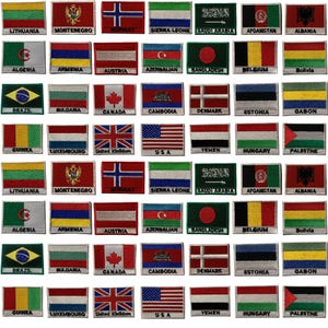 May include: A collection of 40 embroidered fabric patches featuring the flags of various countries. The patches are arranged in a grid of 8 rows and 5 columns. Each patch is rectangular and has a white border. The flags are all different colors and designs.