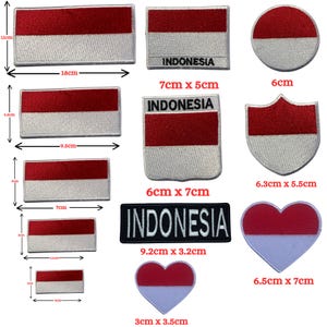 Puede incluir: Un conjunto de parches bordados con la bandera indonesia en varias formas y tamaños. Los parches muestran una combinación de colores rojo y blanco, algunos incluyen la palabra "INDONESIA". Los tamaños varían de 3 cm a 18 cm de largo.
