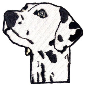 May include: Black and white embroidered patch of a Dalmatian dog's head. The dog is looking up and to the left. The patch is made of felt and has a white background with black spots.