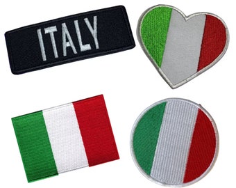 May include: Four embroidered patches featuring the Italian flag in different shapes. The patches are a rectangle, a heart, a circle, and a rectangle with the word "ITALY" in white text on a black background.