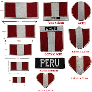 May include: A collection of Peru flag patches in various shapes and sizes. The patches feature a red and white striped design, with some including the word "PERU". Sizes range from 1.2 inches to 7.1 inches in length.