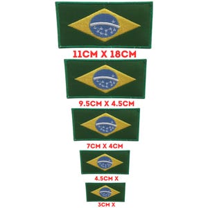 May include: Five embroidered patches of the Brazilian flag in different sizes. The patches are green with a yellow diamond in the center. The diamond has a blue circle with white stars inside. The patches are labeled with their dimensions in centimeters: 11cm x 18cm, 9.5cm x 4.5cm, 7cm x 4cm, 4.5cm x 4.5cm, and 3cm x 3cm.
