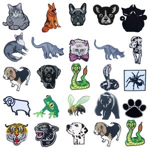 May include: A selection of embroidered animal patches. The patches depict a variety of creatures, including cats, dogs, snakes, and insects. The patches are in various colours and styles, suitable for decorating clothing or accessories. Measurements are in centimeters.