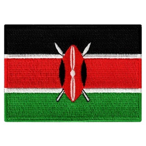 May include: Embroidered patch featuring the flag of Kenya. The flag is black, red, and green with a white stripe in the middle. The center of the flag features a traditional Maasai shield and spears.