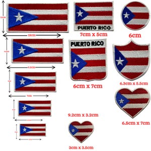 May include: A selection of Puerto Rican flag patches in different shapes and sizes. The patches display the flag's design: a white star on a blue triangle, with red and white stripes. Sizes range from 3 cm to 18 cm in length.
