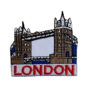 May include: Embroidered patch featuring a brown and white depiction of Tower Bridge in London, with the word "LONDON" in red lettering on a white background.