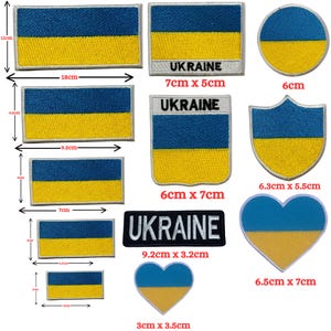 May include: A selection of embroidered patches depicting the Ukrainian flag in diverse forms. The patches showcase the blue and yellow colours of the flag, with some including the word "UKRAINE". Sizes vary from 3 cm to 18 cm in length.