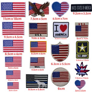 May include: A collection of iron-on patches featuring the American flag in various designs, sizes, and colours. The patches include a heart-shaped flag, a flag with an eagle, a flag with a star, a flag with a marijuana leaf, and a flag with the words "U.S. Army".