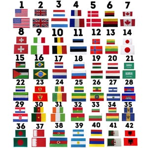 May include: A selection of embroidered flag patches, each depicting a different national flag. The rectangular patches display a variety of colours and designs, including stars, stripes, and emblems. The patches are numbered from 1 to 42.