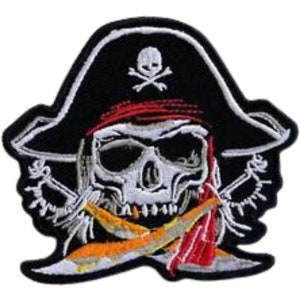 May include: Embroidered patch featuring a skull wearing a black pirate hat with a red bandana. The skull has crossed swords behind it and a red and orange scarf. The patch is white, black, red, and orange.