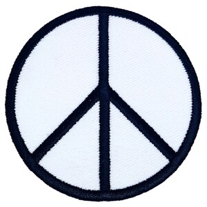 May include: White peace sign patch with a black outline. The patch is circular and has a diameter of approximately 3 inches.