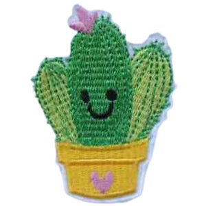 May include: An embroidered green cactus with a pink flower on top, wearing a happy face, in a yellow pot with a pink heart.