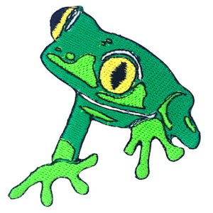 May include: Green embroidered frog patch with a yellow eye and black markings. The frog is in a crouching position with its legs outstretched.