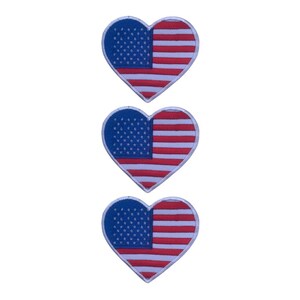 May include: Three heart-shaped patches with the American flag design. Each patch has a blue field with white stars and red and white stripes, with a white border. The patches are arranged vertically against a white background.