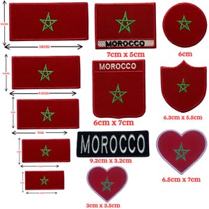 Peut inclure: Divers patchs en tissu rouge avec le drapeau marocain. Les patchs sont de formes variées, dont des rectangles, des cercles et un cœur, avec une étoile verte. Les tailles varient de 3 cm à 18 cm.