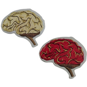 May include: Two embroidered iron-on patches of a human brain. One is beige and the other is red.