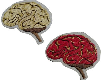 May include: Two embroidered iron-on patches of a human brain. One is beige and the other is red.