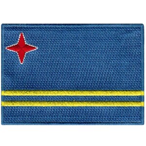 May include: A blue fabric patch with a red star and two yellow stripes. The patch is a representation of the flag of Aruba.