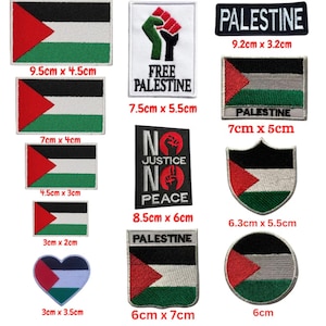 May include: A collection of embroidered patches featuring the Palestinian flag in various shapes and sizes. Some patches include text such as "FREE PALESTINE", "NO JUSTICE NO PEACE", and "PALESTINE". Measurements are provided in centimeters.