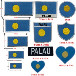 May include: A collection of blue and yellow Palau flag patches in various shapes and sizes. The patches include rectangular, circular, shield, and heart shapes, with the word "PALAU" on some. Measurements are in centimeters.